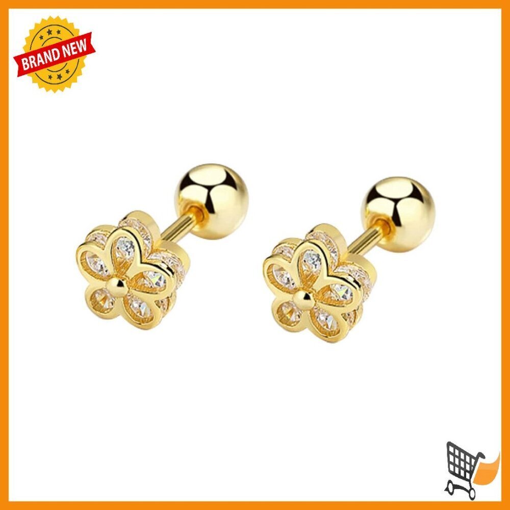 Sterling Silver Cubic Zirconia Flower Stud Earrings Screw Back Dainty